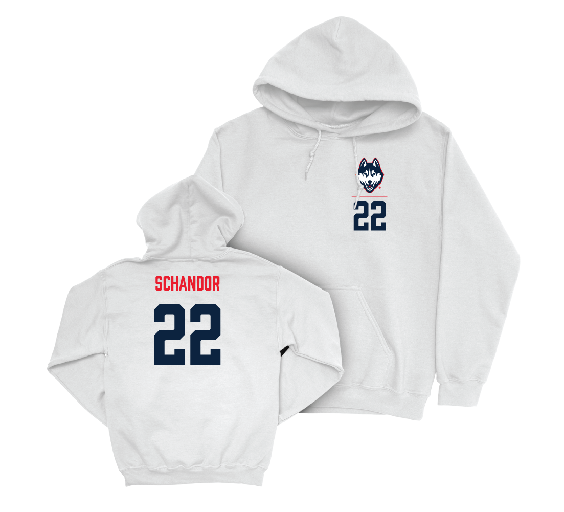 UConn Ice Hockey Logo White Hoodie - Hudson Schandor | #22 Small