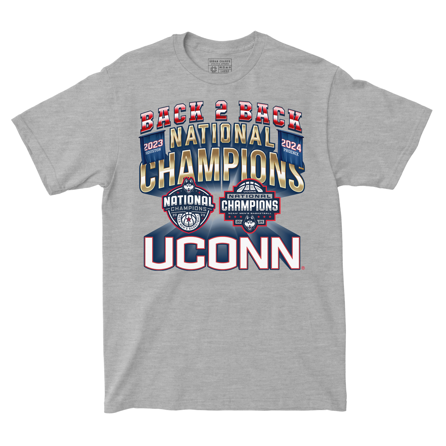 UCONN MBB 2024 National Champions Back to Back Banners Sport Grey T-shirt